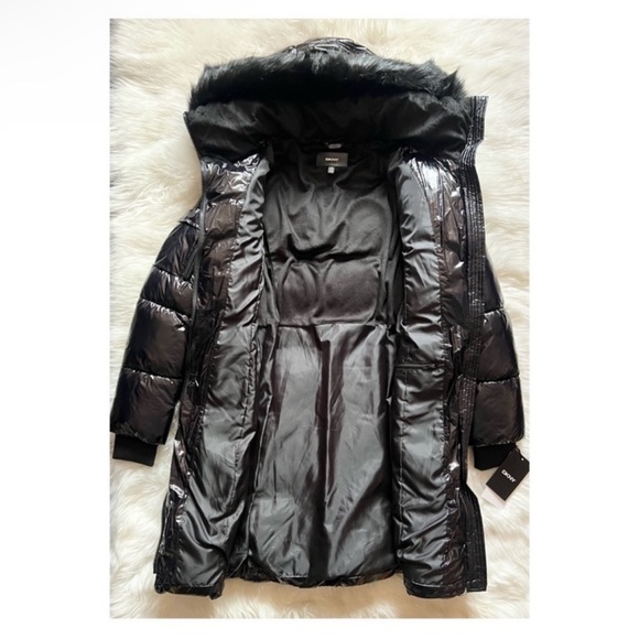 New! DKNY Black Glossy Belted Puffer Coat with Removable Faux Fur Hood - Picture 11 of 16